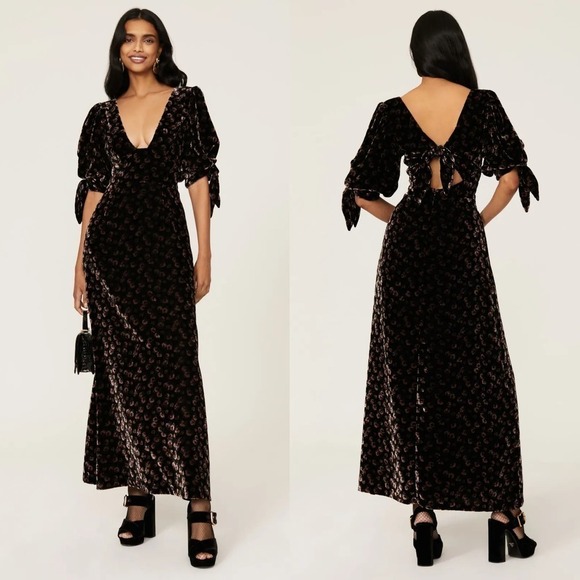 Sea New York Valerie Dress Velvet Puff Sleeve Back Tie Maxi Black Floral Size 6 - Picture 1 of 14